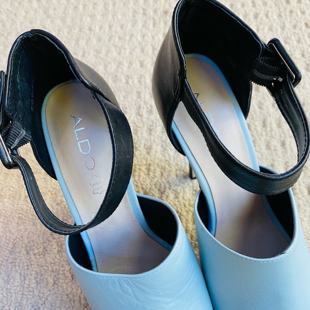 ALDO stiletto platform high heels black & sky blue retro shoes US 8M NWOT - Picture 6 of 10